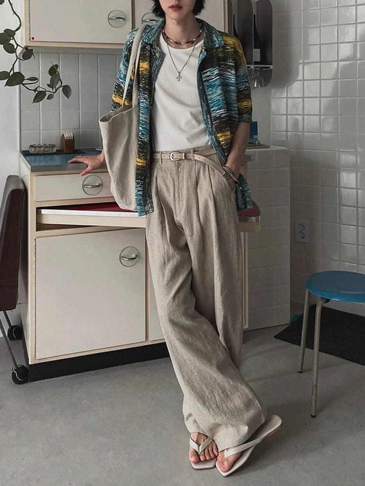 RT No. 18107 PLEATED LINEN STRAIGHT PANTS Product Image