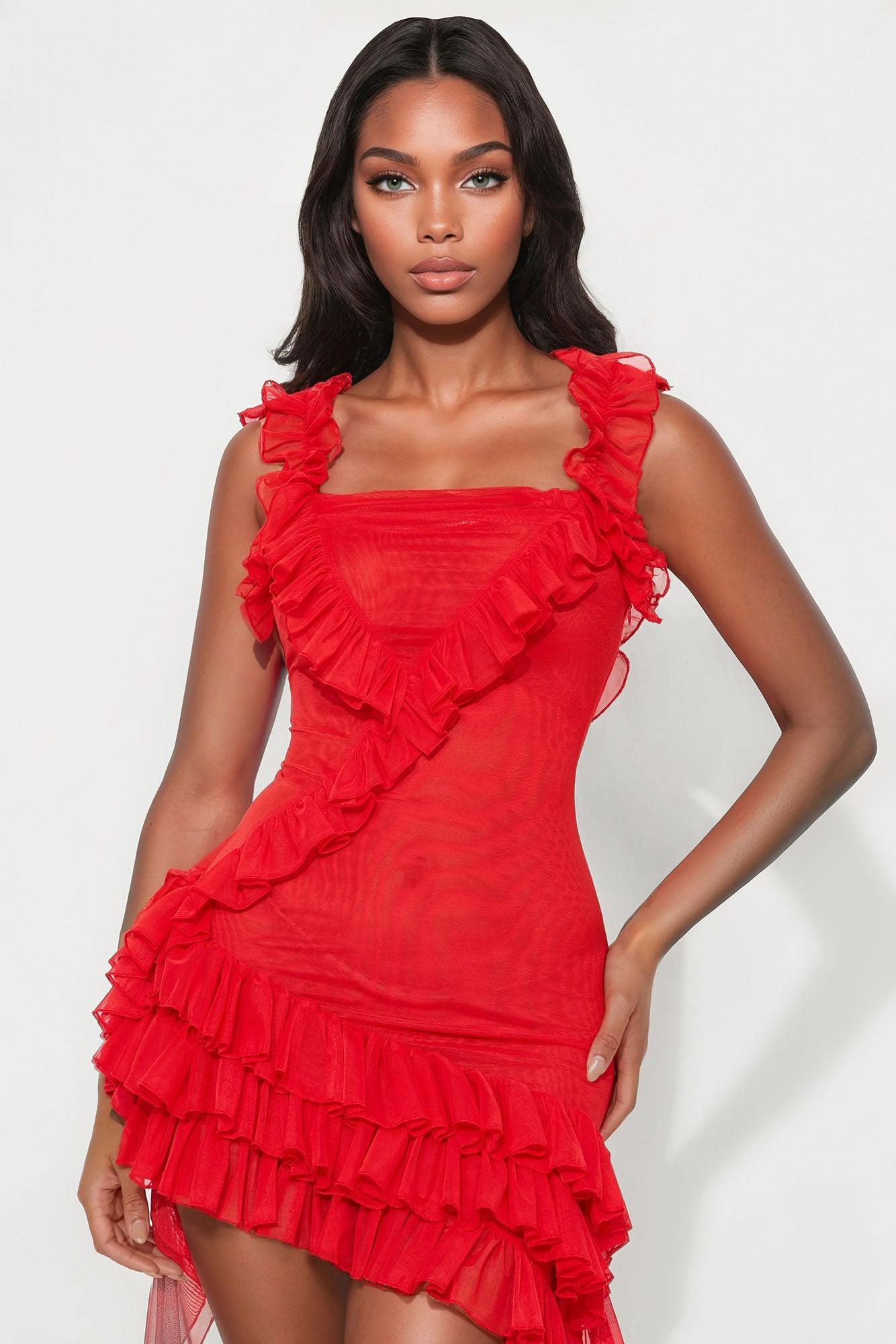 Gabrielle Ruffled Mini Dress - Red Product Image