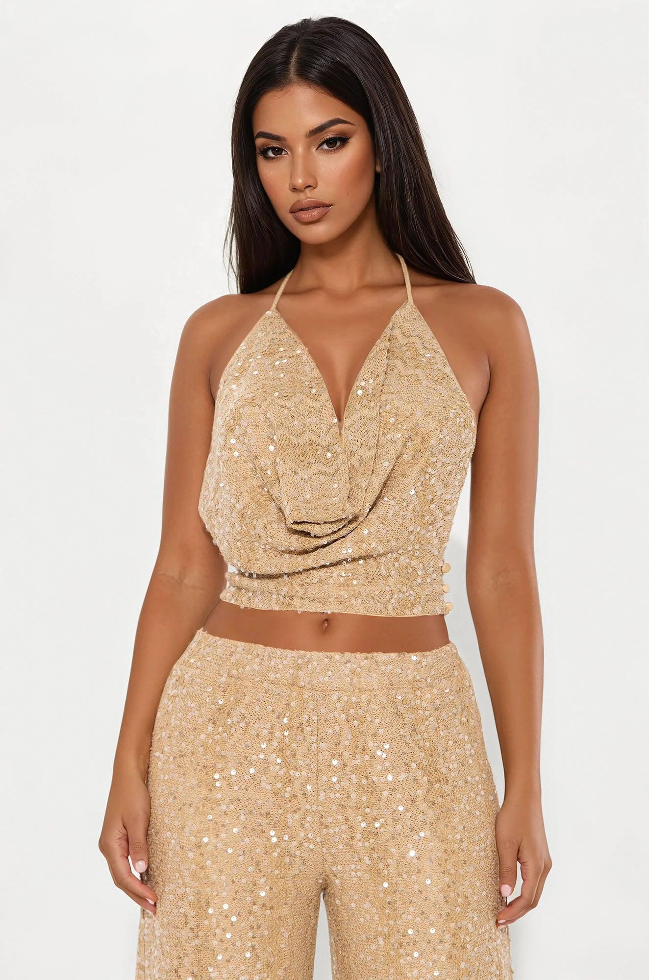 Pearl Tide Crochet Halter Wide Leg Pant Set - Tan Female Product Image