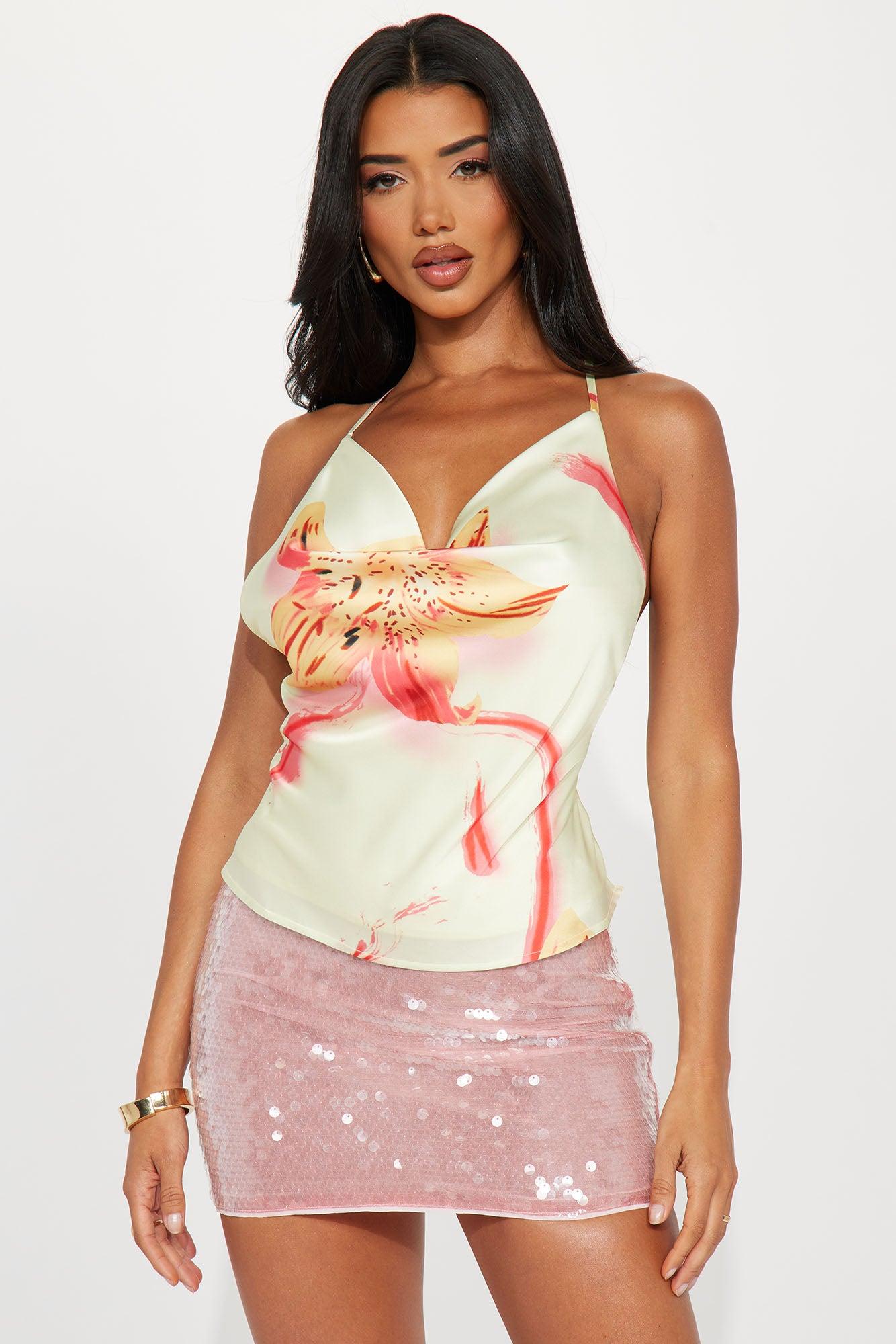 Sunset And Orchids Satin Floral Halter Top - Yellow/combo Product Image