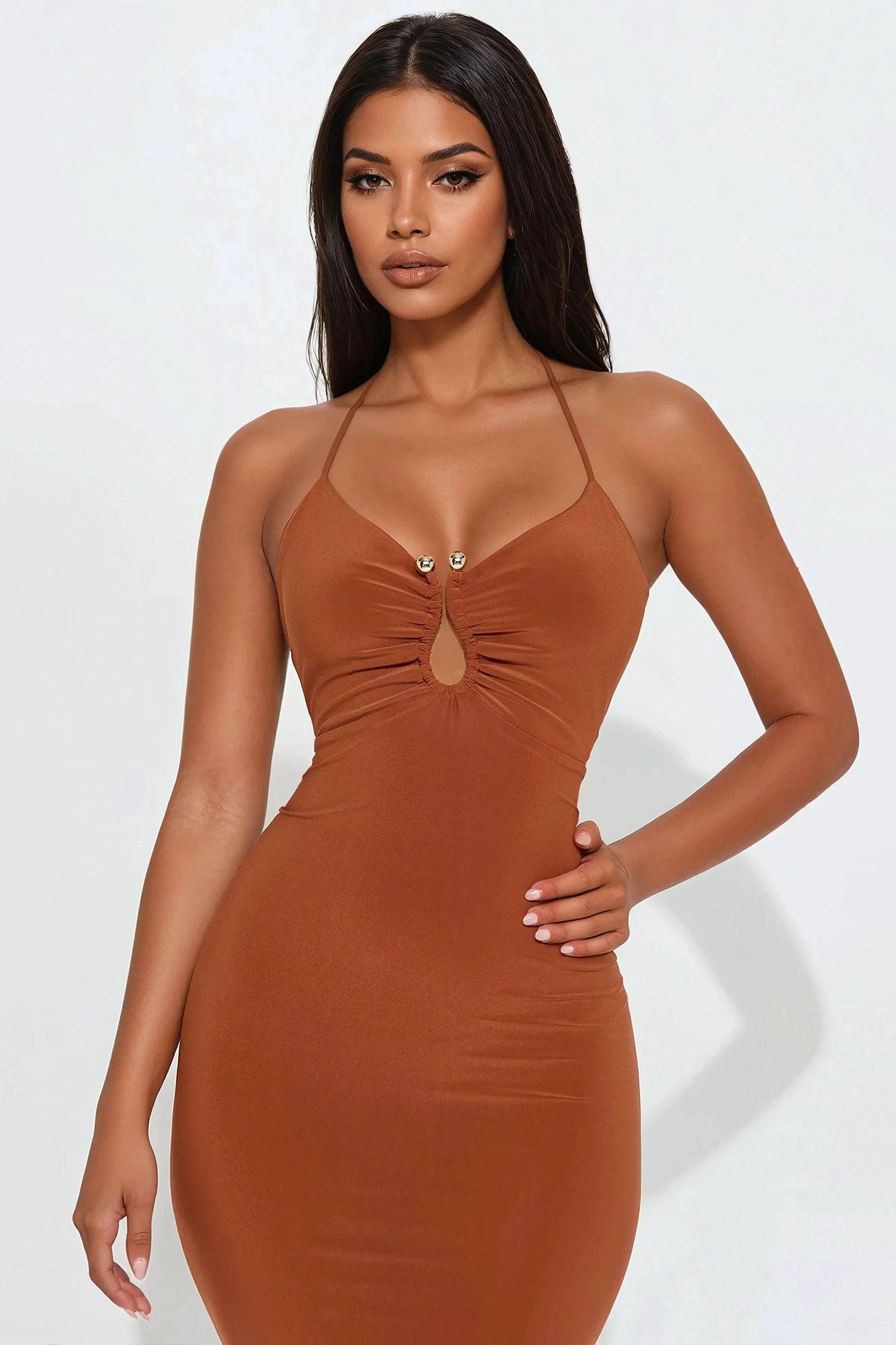 Cairo Ruched Maxi Dress - Camel Product Image