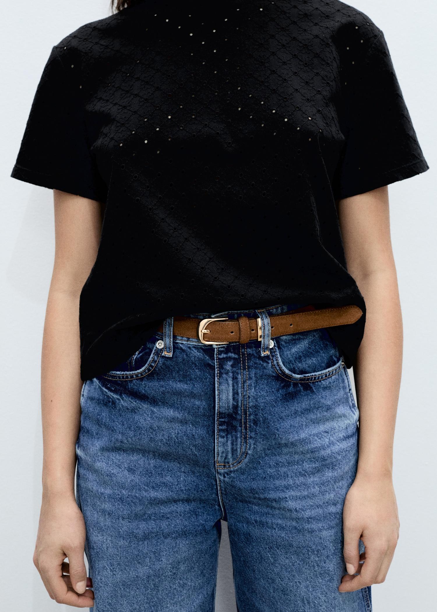 Embroidered openwork t-shirt - Women | MANGO USA Product Image