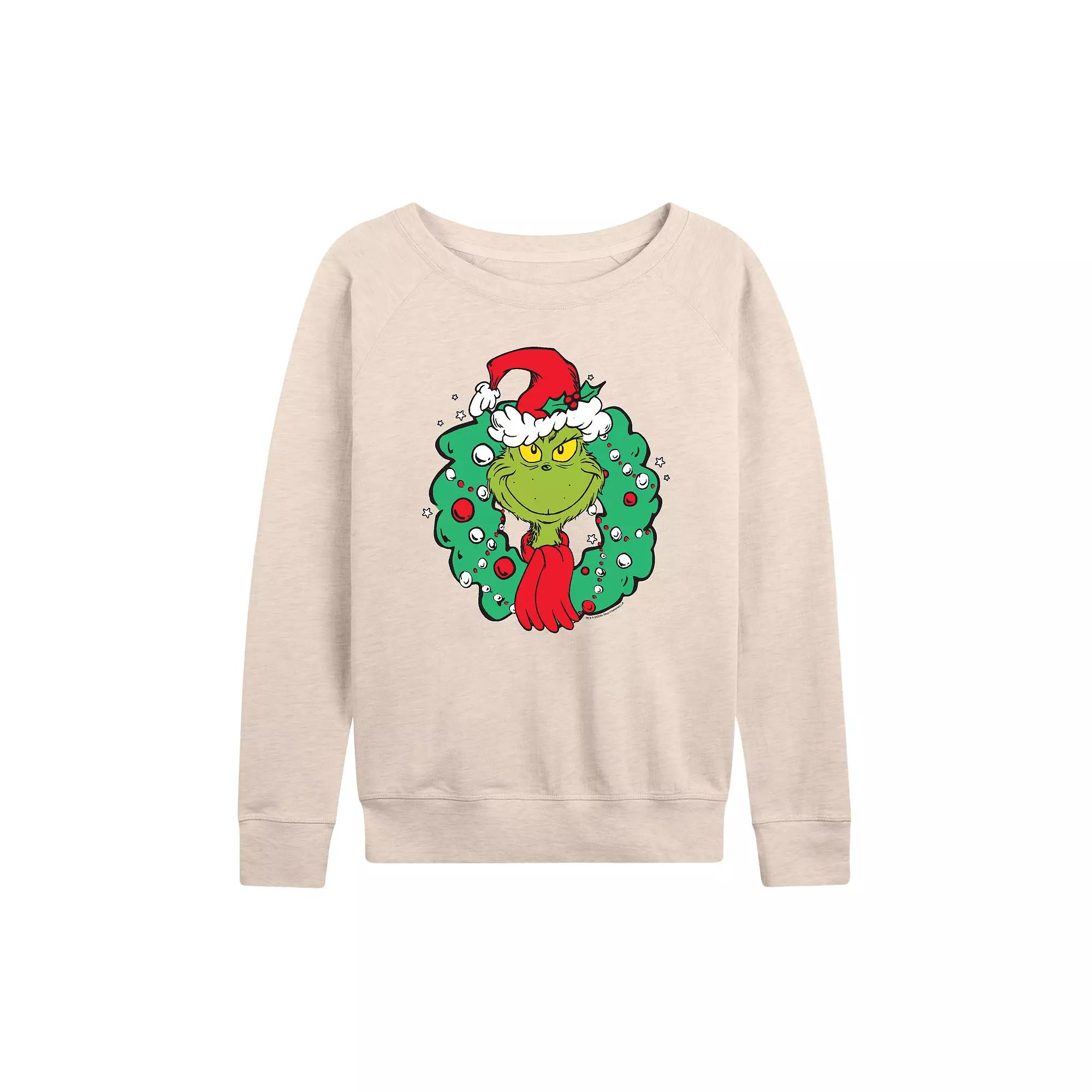 Women's Dr. Seuss The Grinch Wreath French Terry Long Sleeve Tee, Girl's,  Product Image