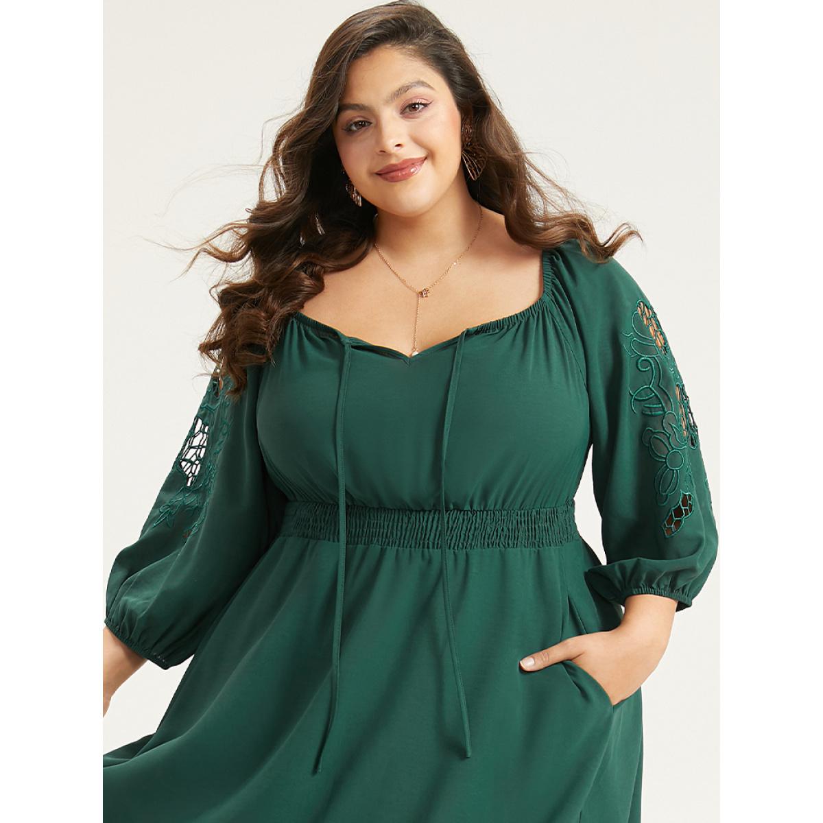 Plus Size Plain Tie Neck Cut Out Shirred Dress DarkGreen Women Elegant Elastic cuffs Square Neck Long Sleeve Curvy Midi Dress BloomChic 14-16/1X Product Image