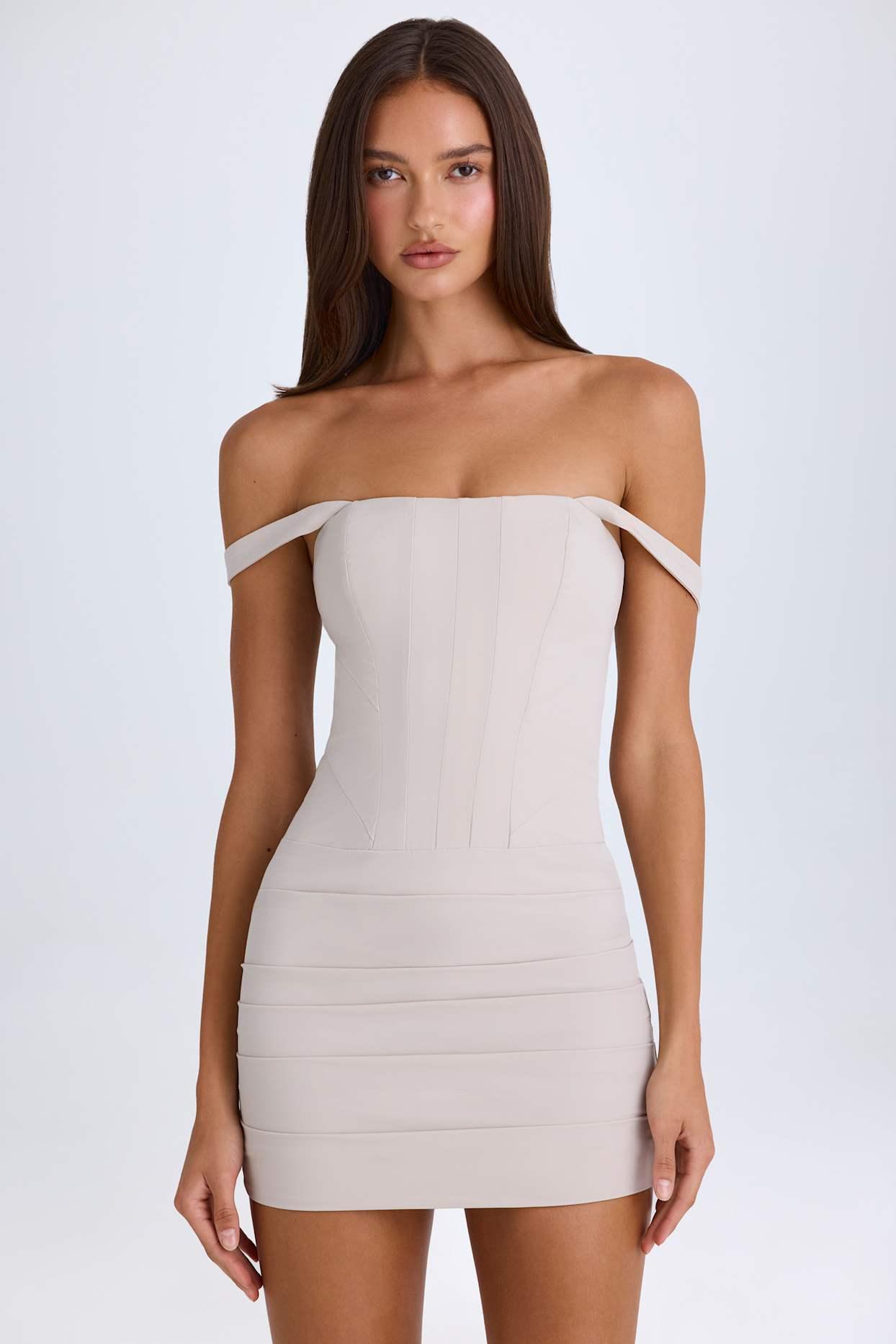 Off-Shoulder Corset Mini Dress in Taupe Product Image
