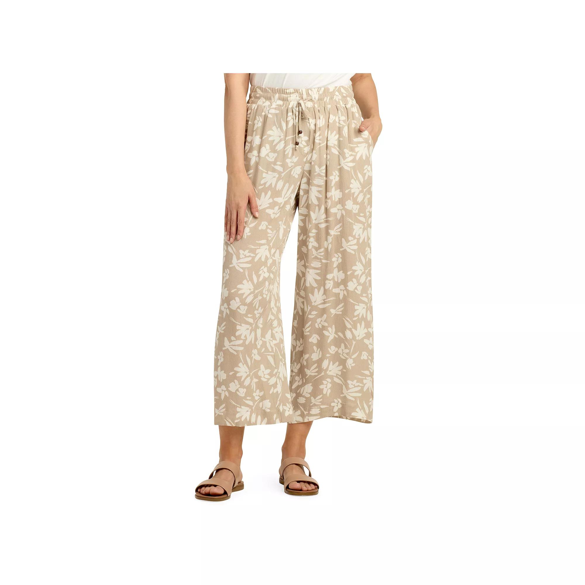 Womens AB Studio Tie-Front Elastic Waistband Cropped Pants Brown Grnd Floral Product Image