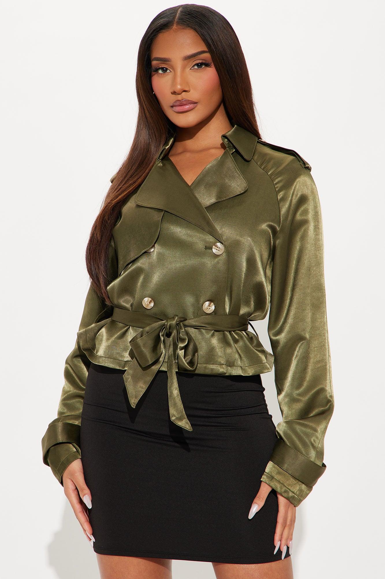 Jayla Satin Cropped Trench - Olive Product Image