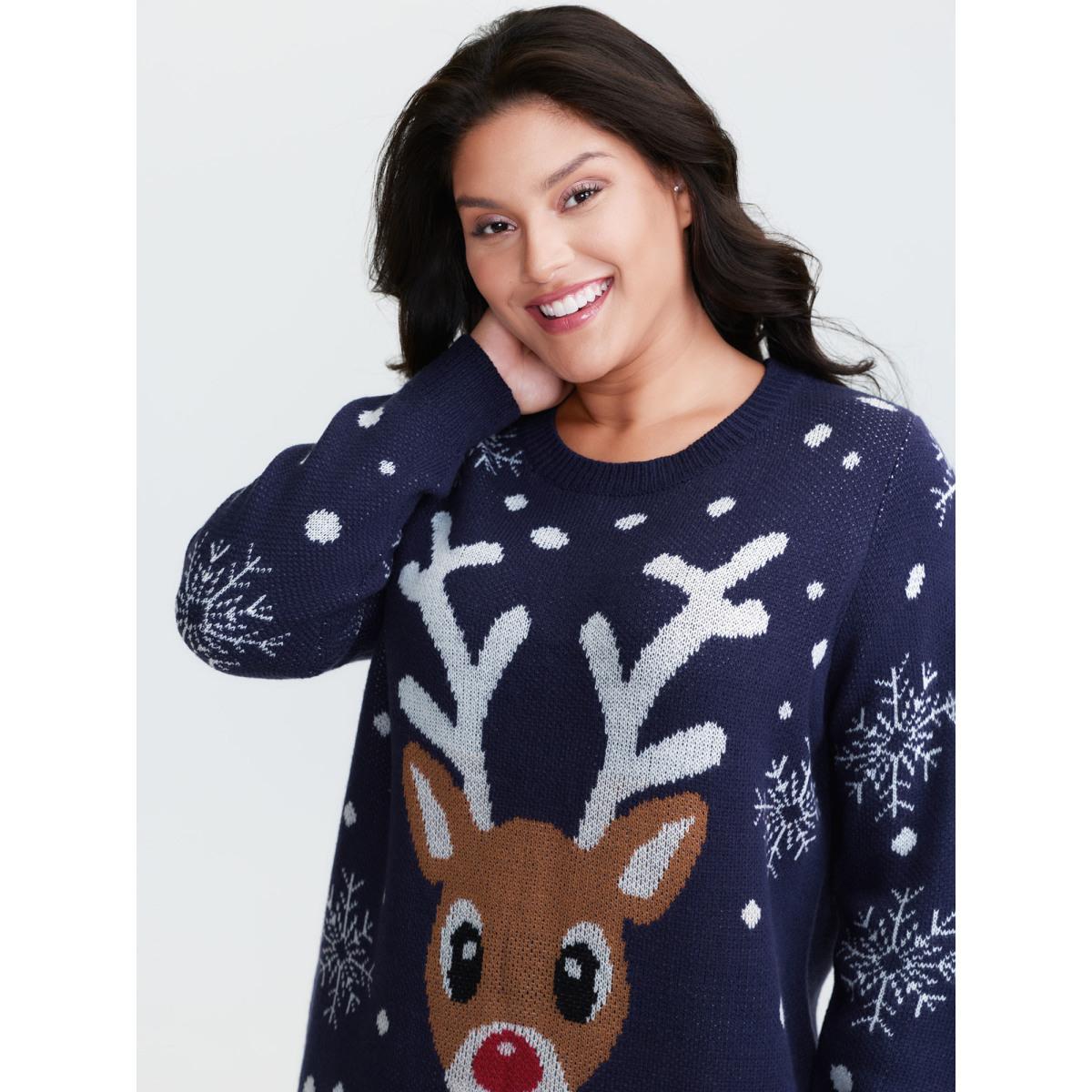 Plus Size Deer Snowflake Pattern Jacquard Pullover Indigo Women Playful Loose Long Sleeve Round Neck Casual Pullovers BloomChic 18-20/2X Product Image