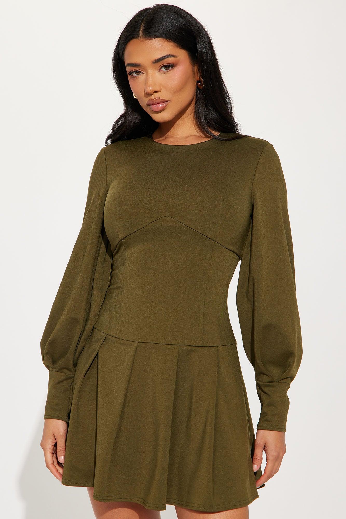 Kiana Pleated Mini Dress - Olive Product Image
