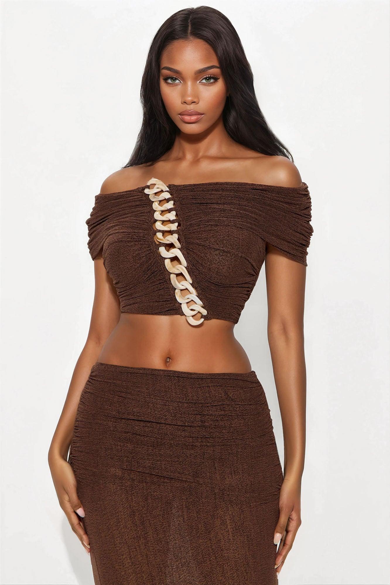 Chain Reaction Mesh Maxi Skirt Set - Brown Female Product Image