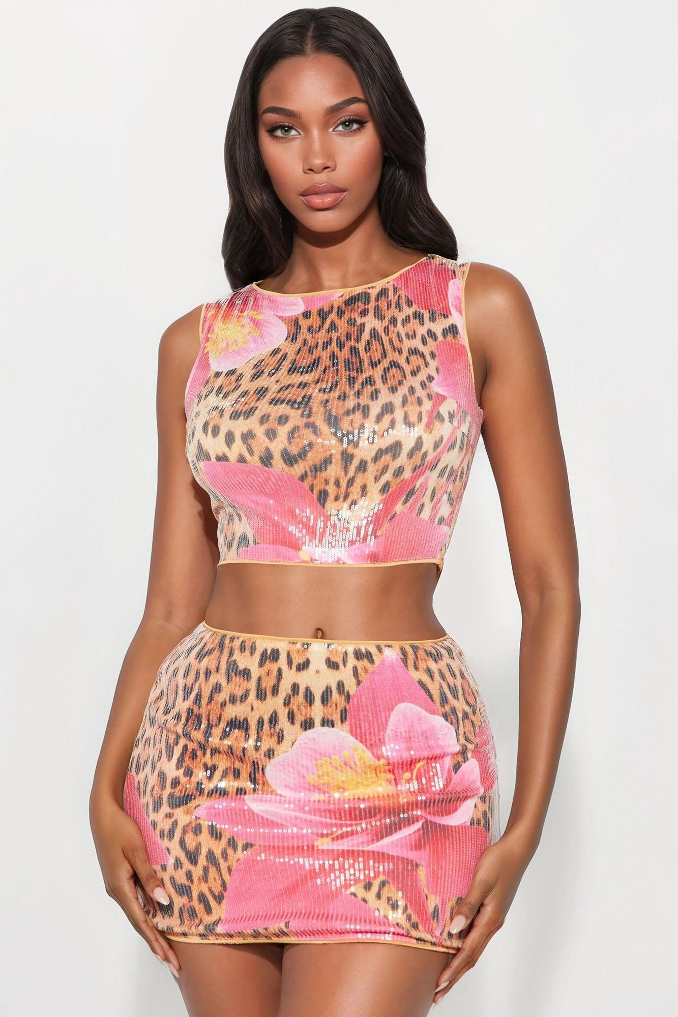Exotic Bloom Sequin Leopard Skirt Set - Brown Combo Product Image