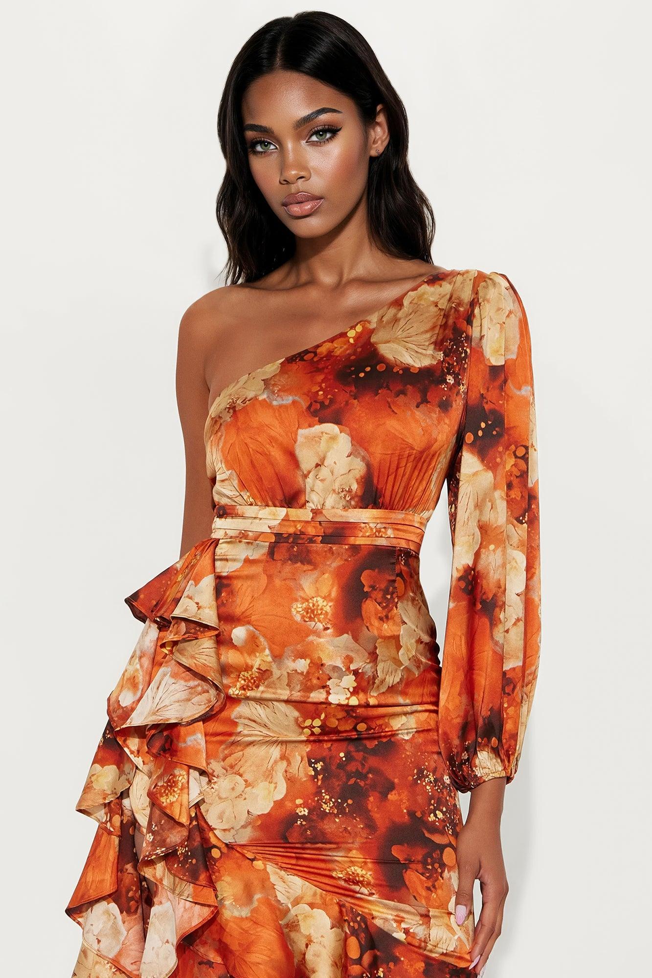 Heidi Satin One Shoulder Ruffle Maxi Dress - Cognac Female Product Image