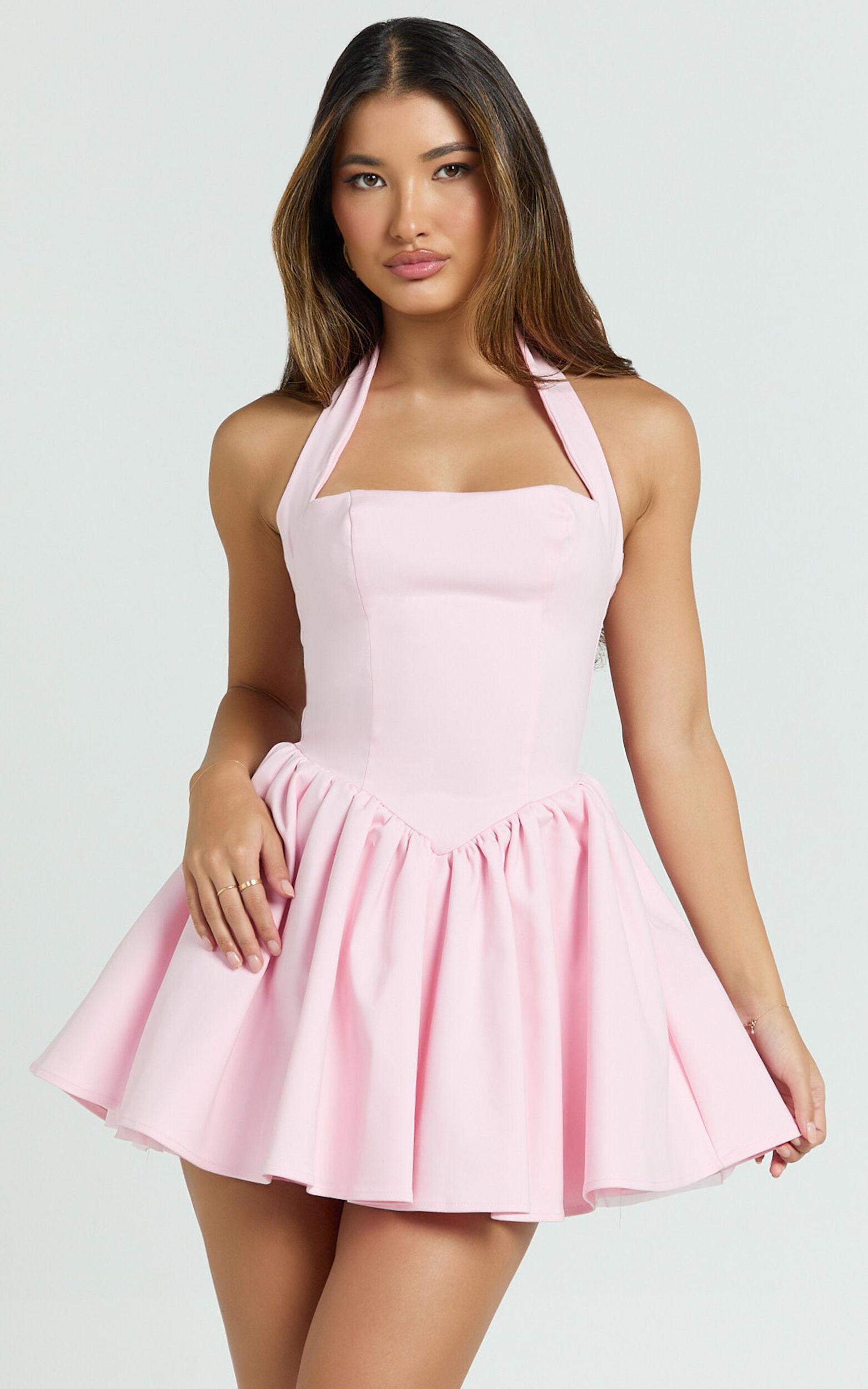Helda Mini Dress - Halter Tie Neck Corset Panel Dress in Pink Product Image