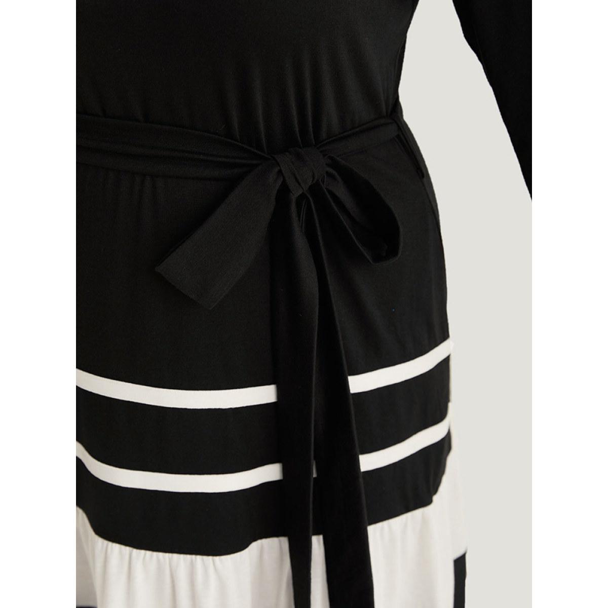 Plus Size Colorblock Contrast Belted Ruffle Layered Hem Dress Black Women Casual See through Round Neck Elbow-length sleeve Curvy Midi Dress BloomChic 28/5X Product Image