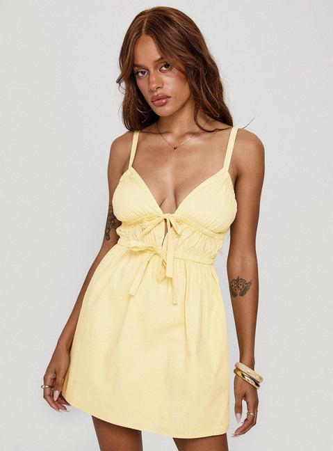 Viviette Ruched Mini Dress Lemon Product Image