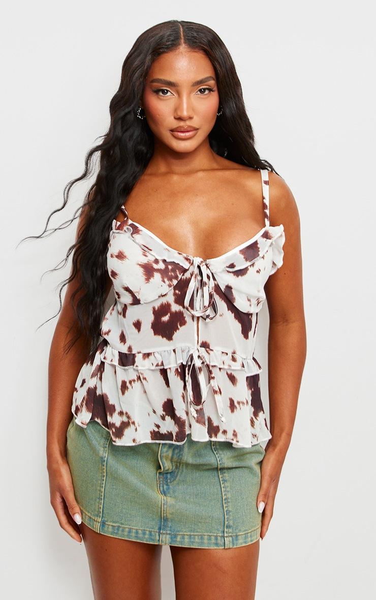 Brown Printed Chiffon Tie Front Ruffle Top Product Image