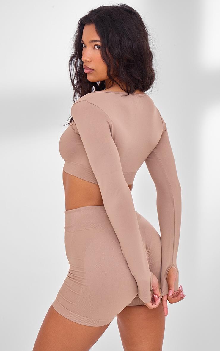 PLT SPORT Light Mocha Seamless Contrast Branding Square Neck Top Product Image