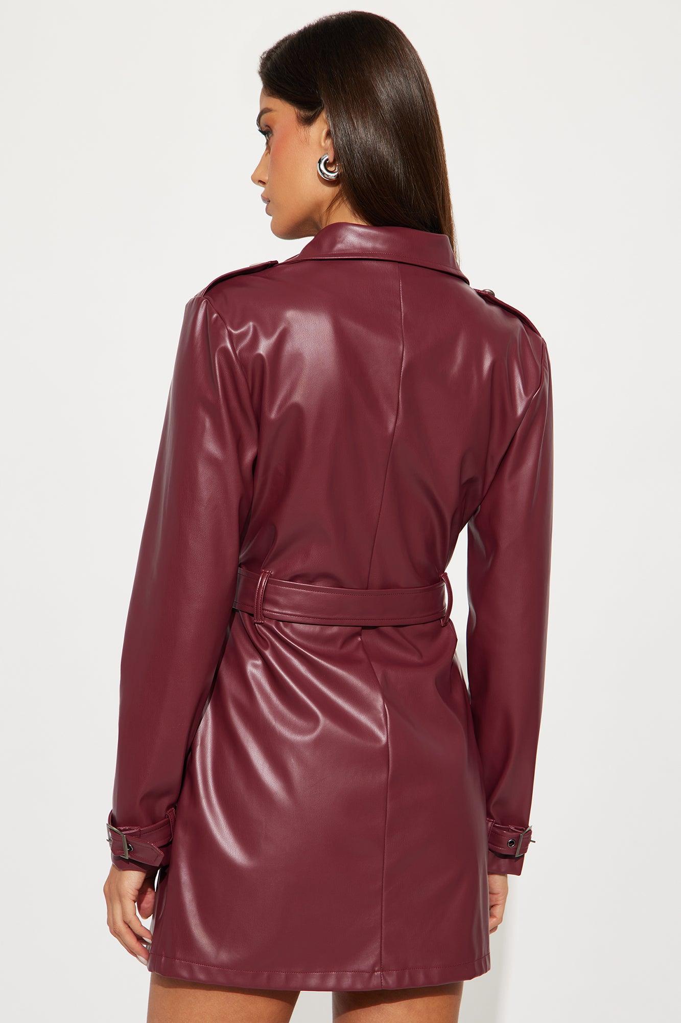 Emmie Faux Leather Trench Mini Dress - Burgundy Female Product Image