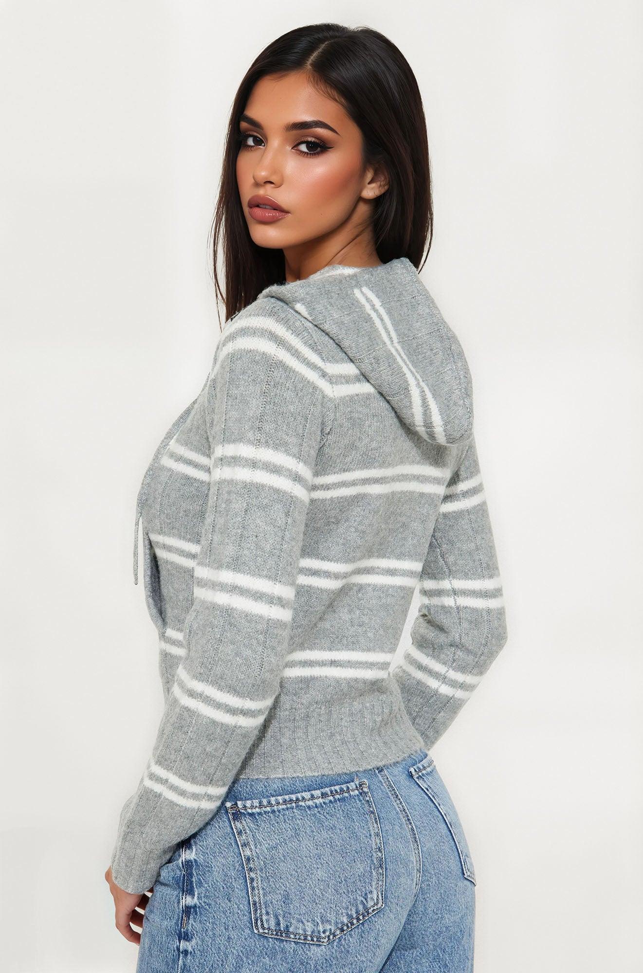Striped Life Zip Front Hoodie - Heather Grey Female Product Image