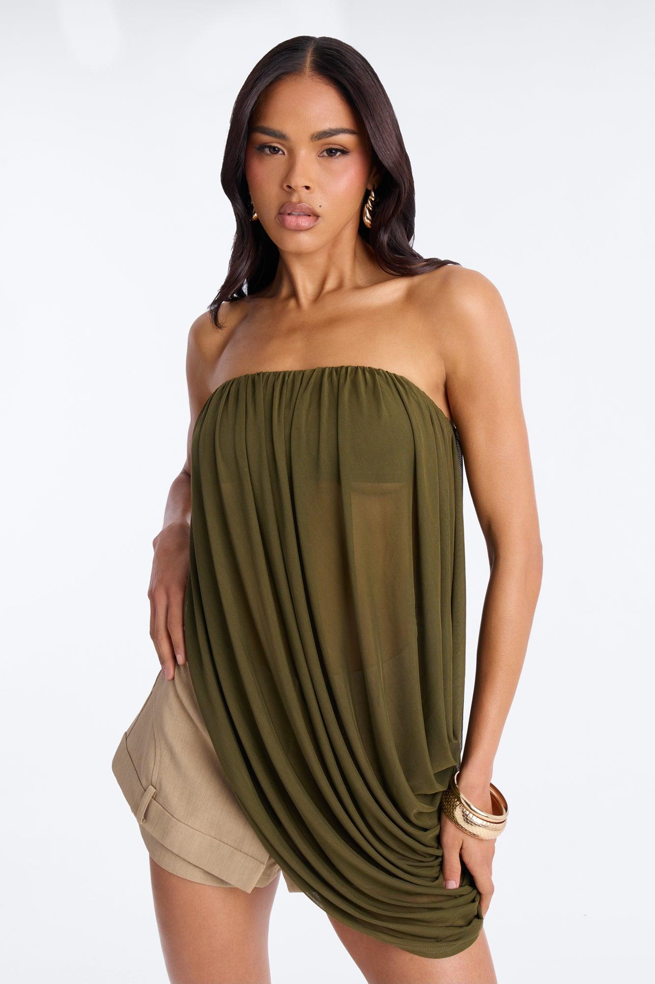 Bora Bora Nights Ruched Asymmetrical Mesh Top - Olive Female Product Image