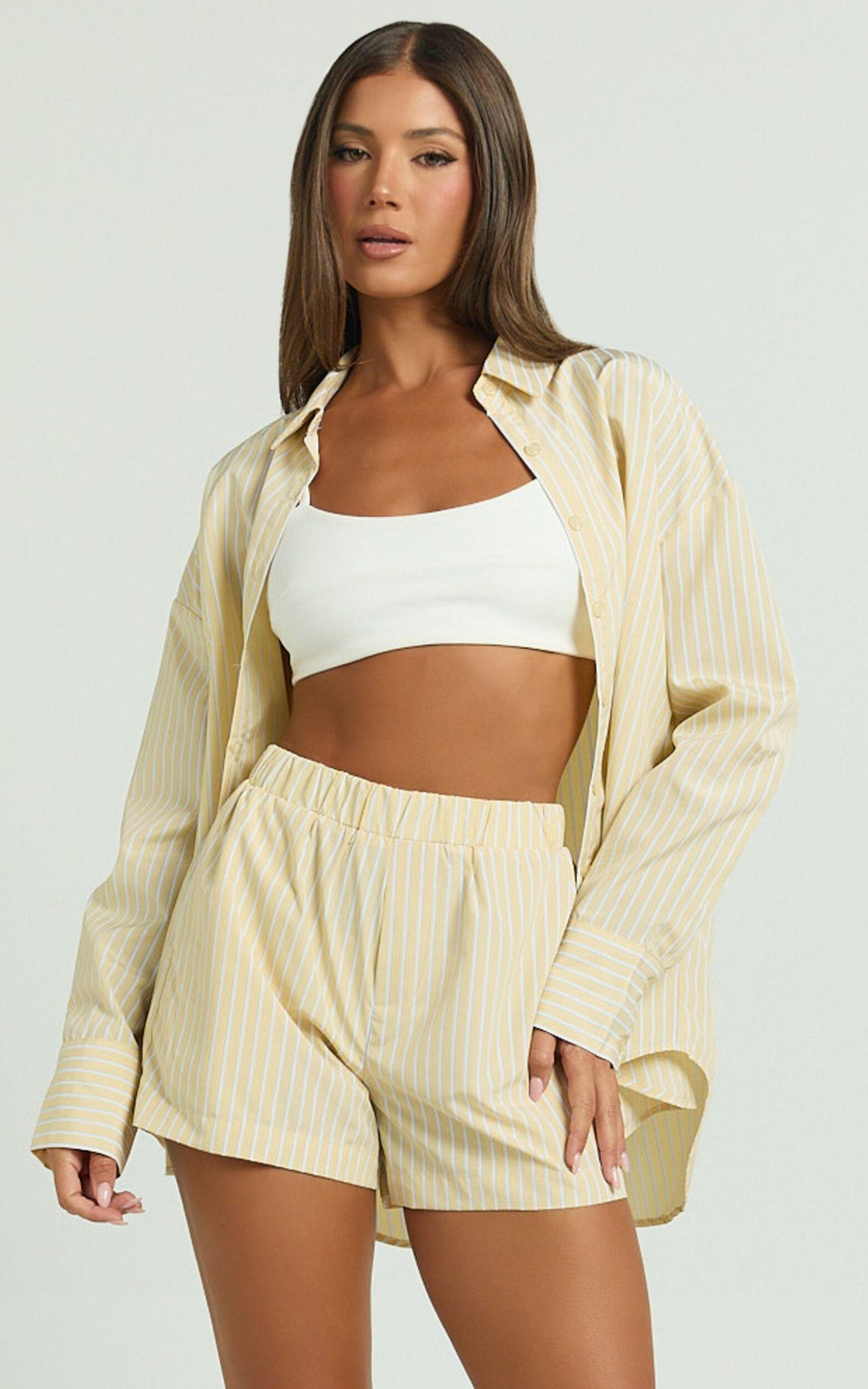 Chaemay Shorts - High Waisted A-Line Boxer Shorts in Lemon Stripe Product Image