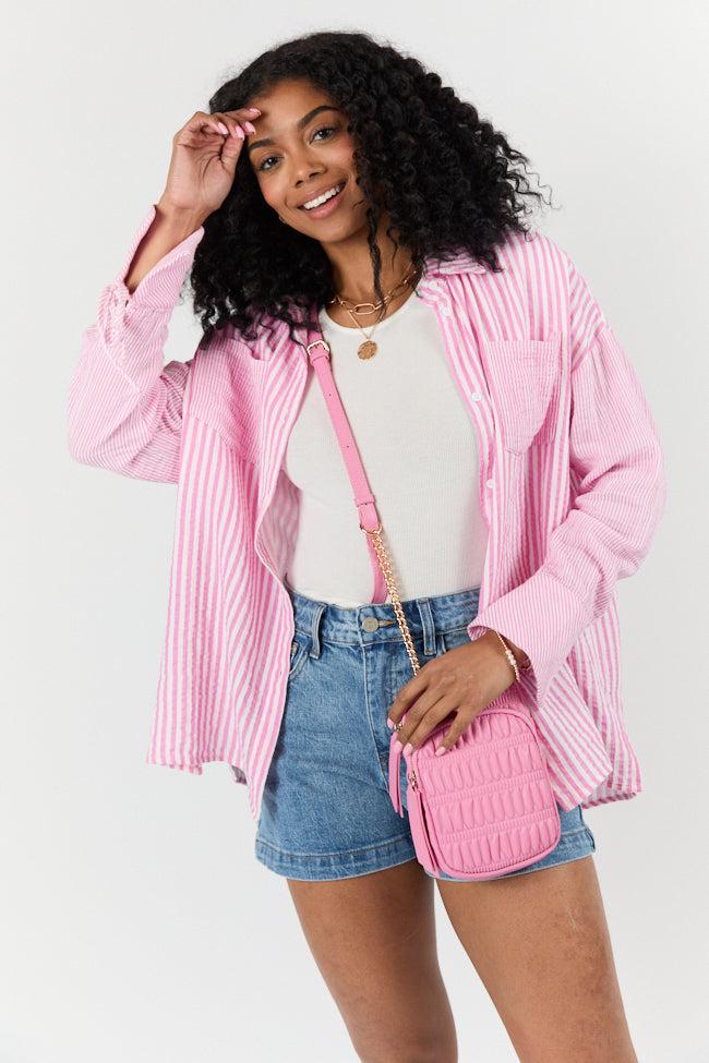 Daybreak Dreams Pink Gauze Multi Stripe Button Down Top FINAL SALE Product Image