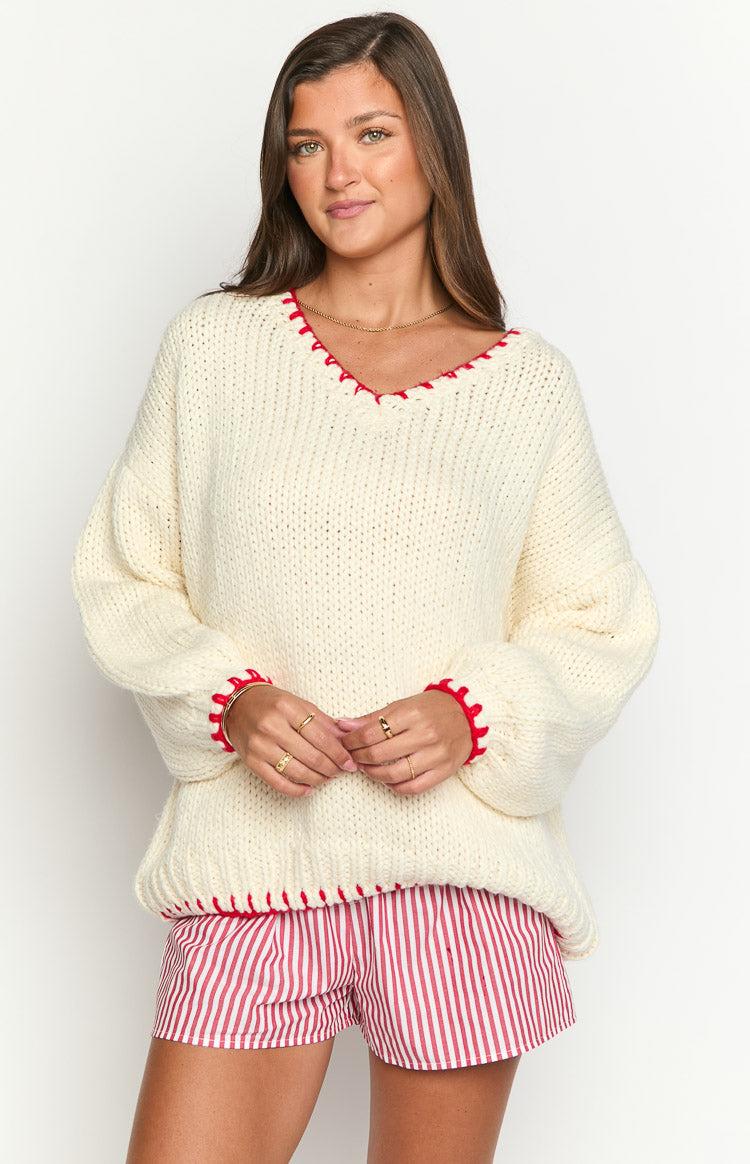 Delvey Cream And Red Contrast Stitch Chunky Knit Sweater Product Image