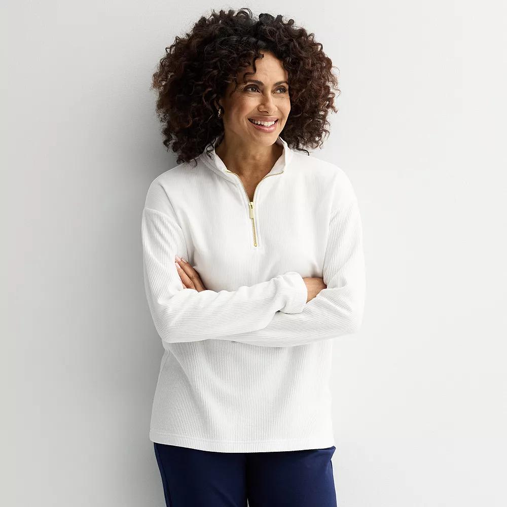 Women's Croft & Barrow® Quarter-Zip Waffle Knit Pullover, Size: Large, White Knight Product Image