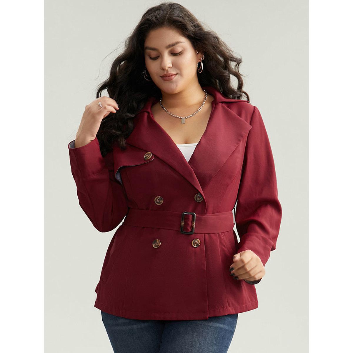 Plus Size Twill Lapel Collar Belted Button Up Buckle Detail Coat Women Burgundy Casual Plain Ladies Dailywear Winter Coats BloomChic 28/5X Product Image