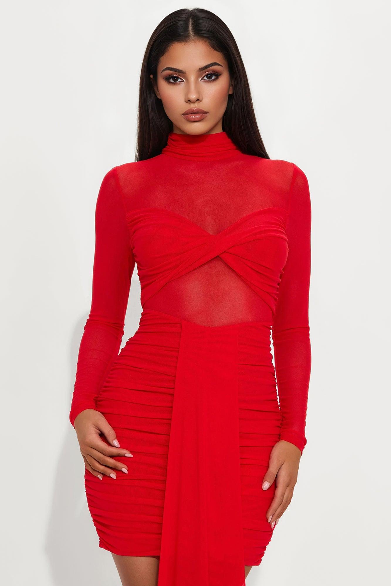 Everly Sheer Mock Neck Mini Dress - Red Female Product Image