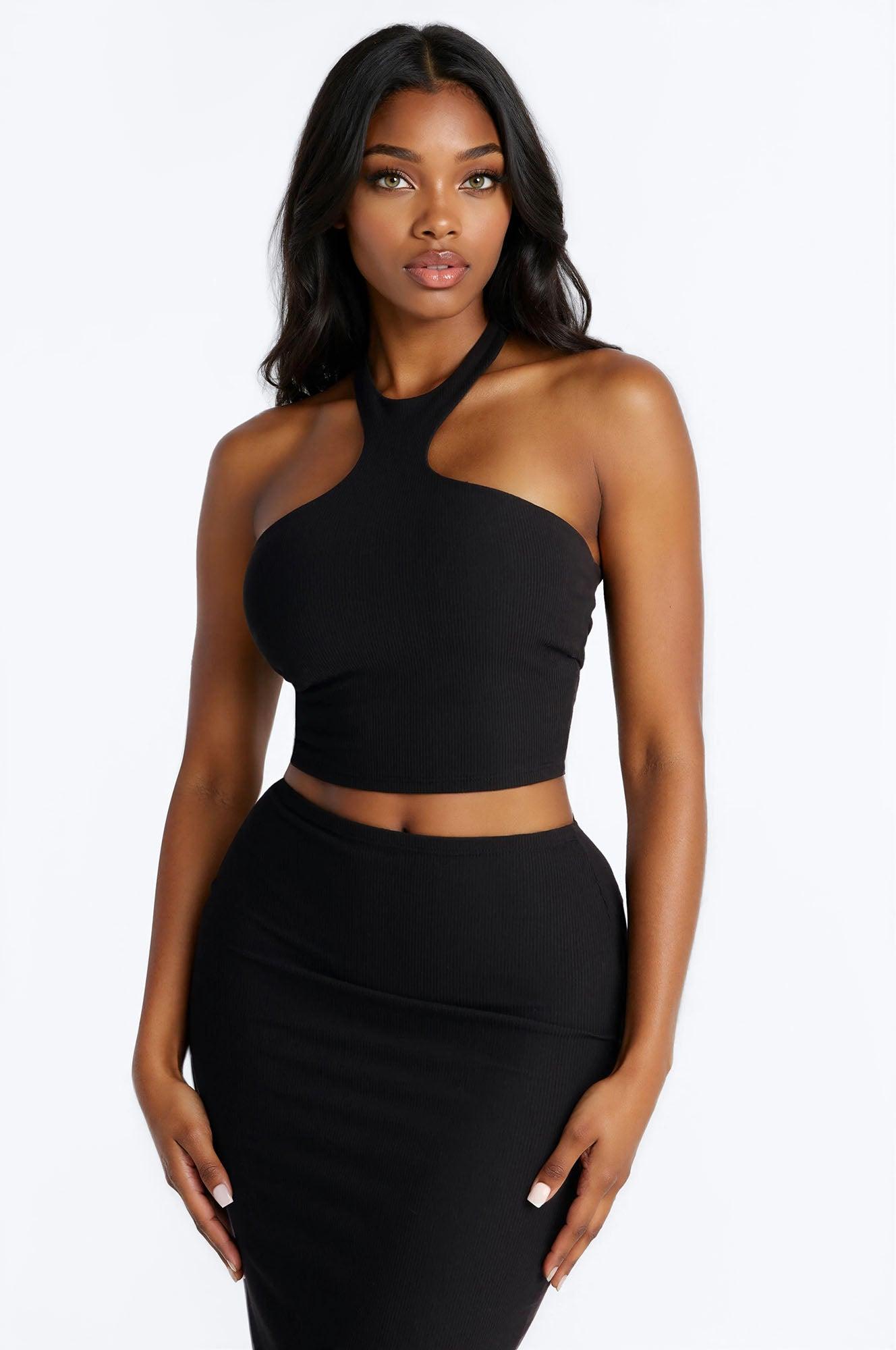 Trixie Ribbed Halter Skirt Set - Black Female Product Image