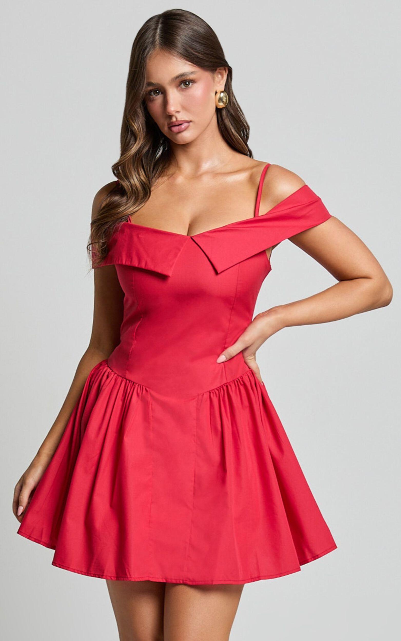 Bea Mini Dress - Off the Shoulder Fit and Flare Dress in Red Product Image