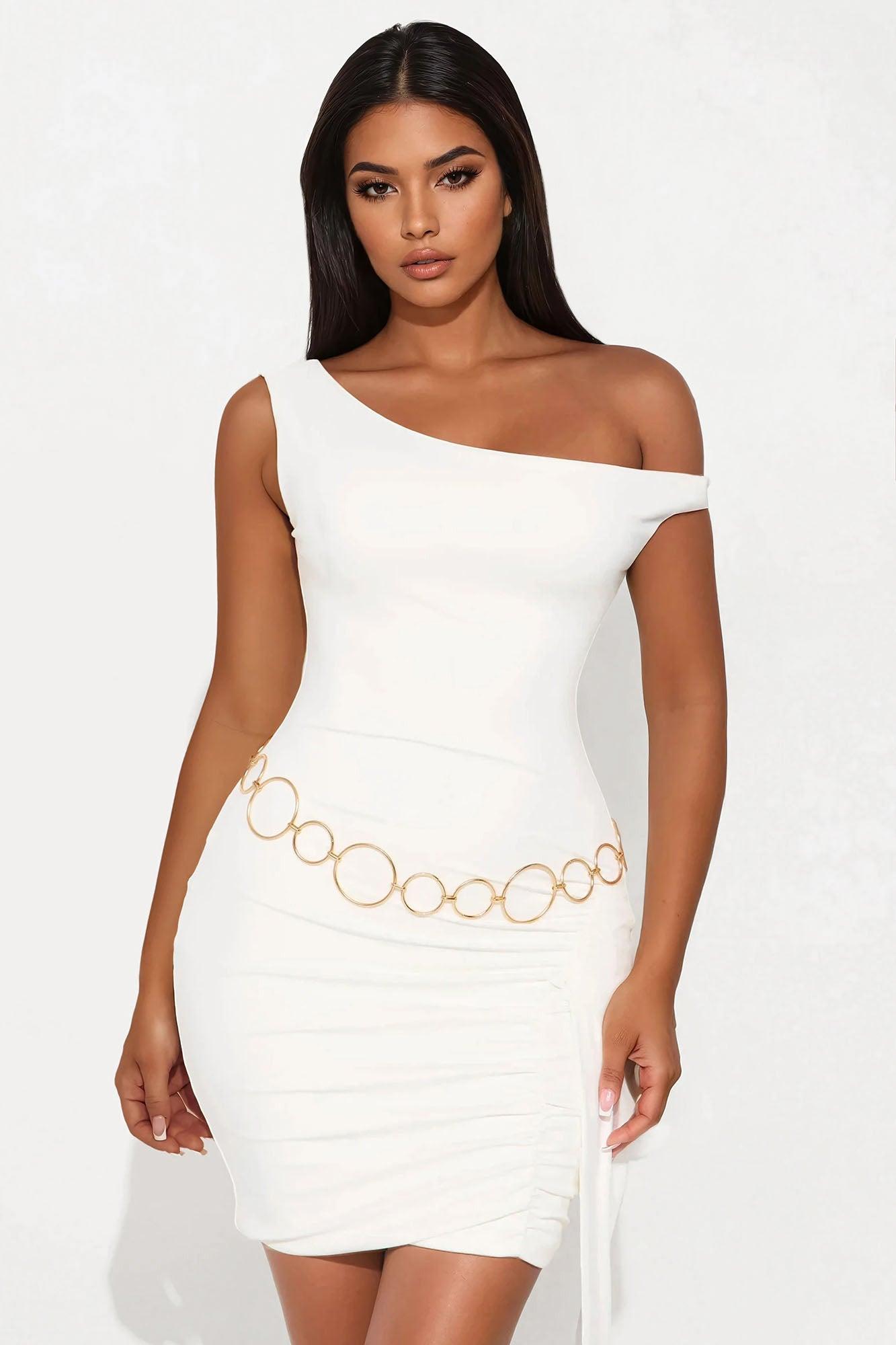 Grecian Goddess Belted Ruched Mini Dress - White Product Image