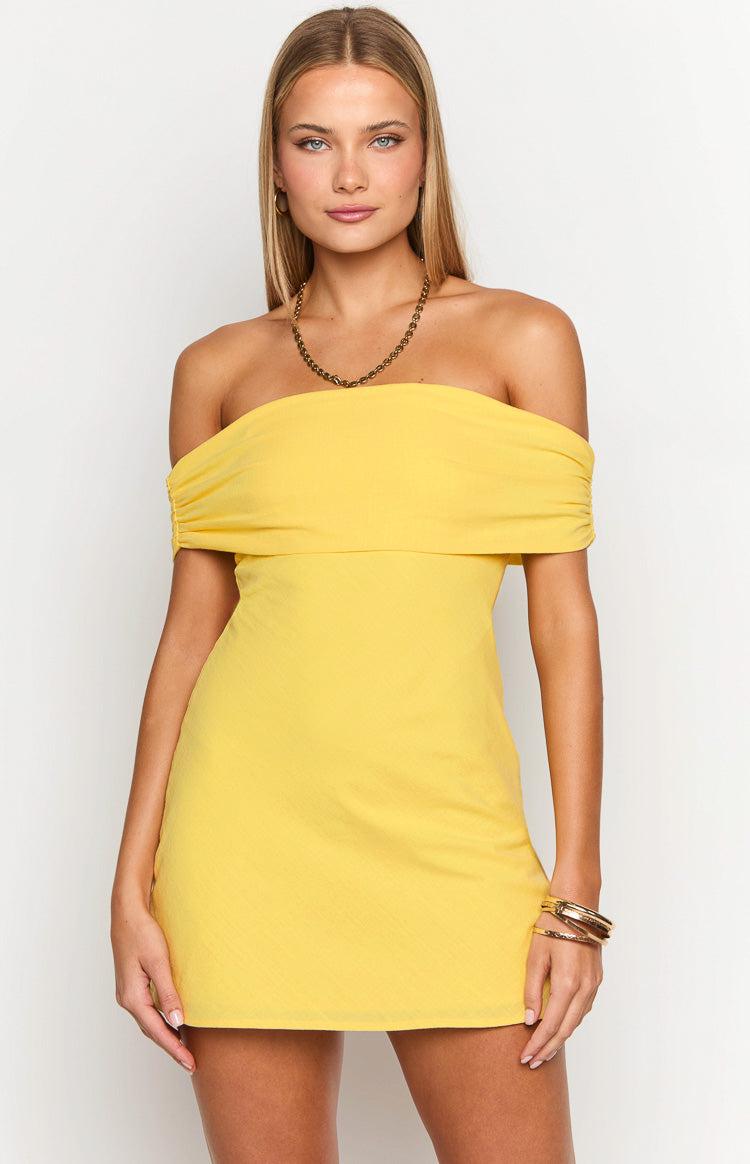 Primrose Yellow Off the Shoulder Mini Dress Product Image
