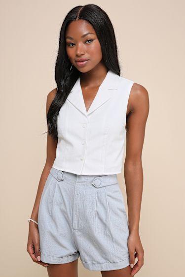 Sophisticated Preference Slate Blue Tailored High-Rise Shorts Product Image