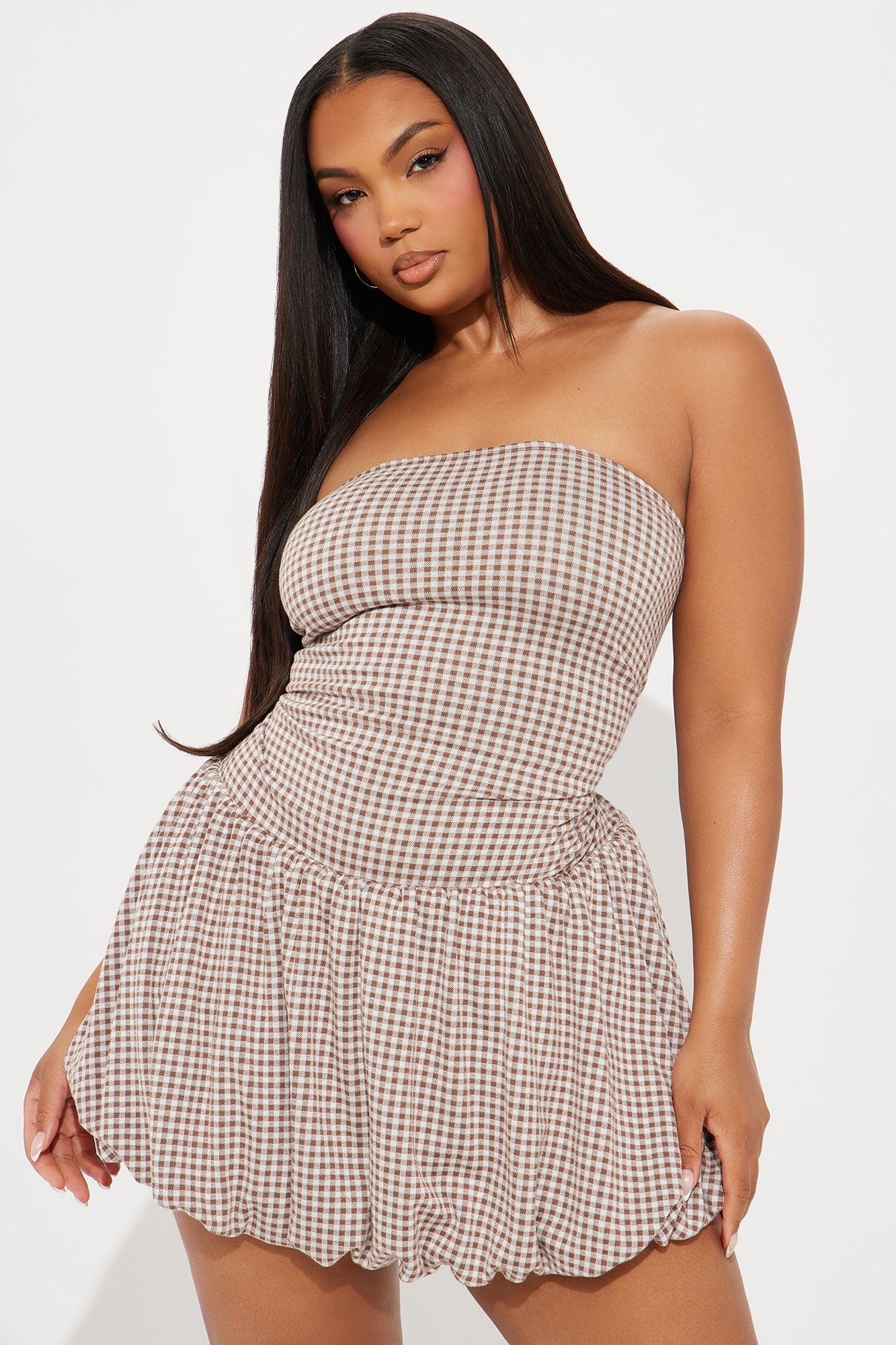 Dahlia Gingham Bubble Mini Dress - Brown Product Image