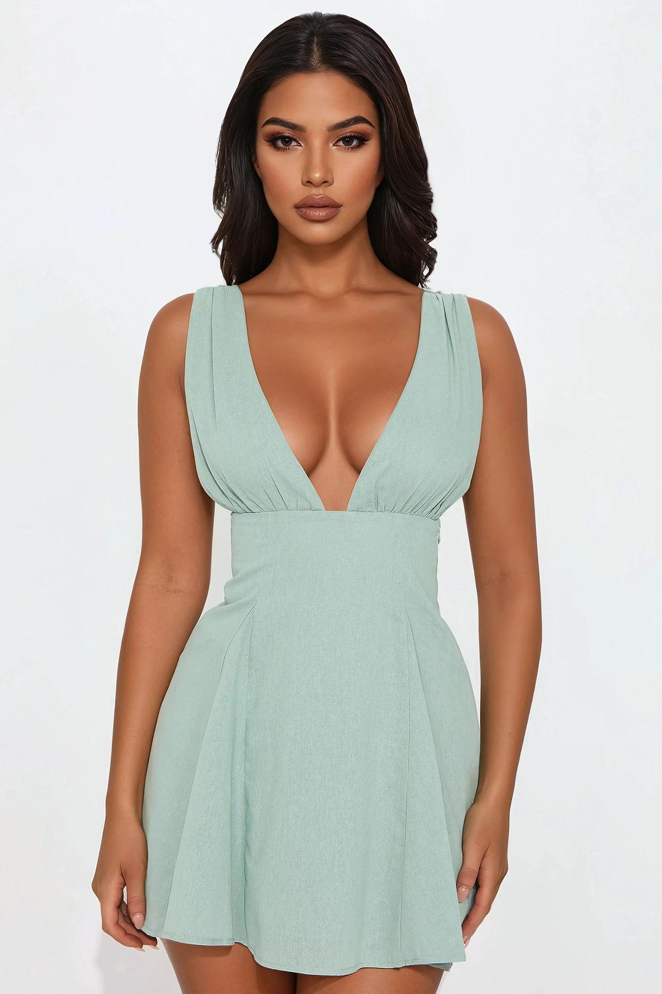 Sophia Linen Mini Dress - Sage Product Image