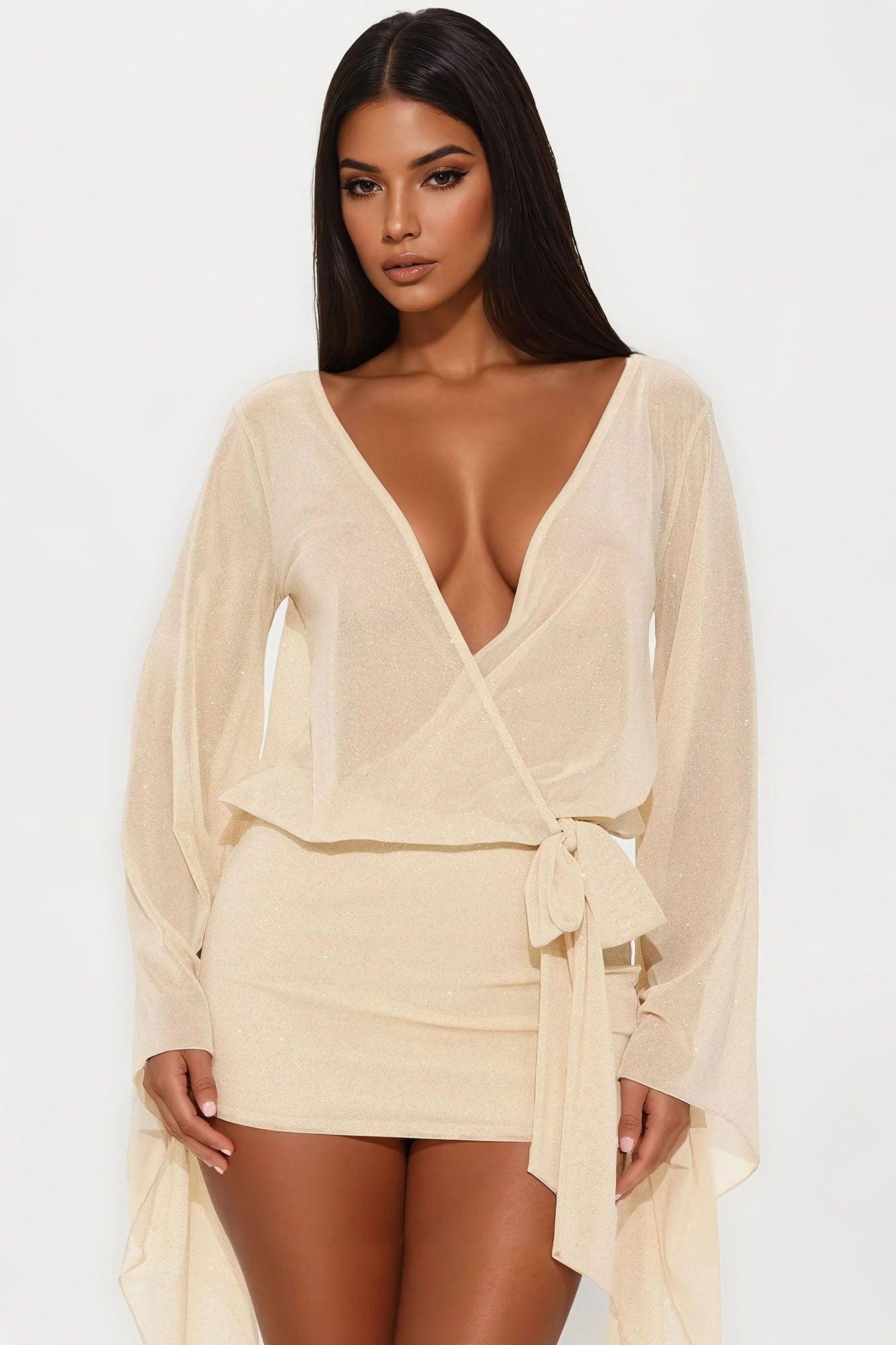 Gordana Glitter Mesh Mini Dress - Champagne Product Image