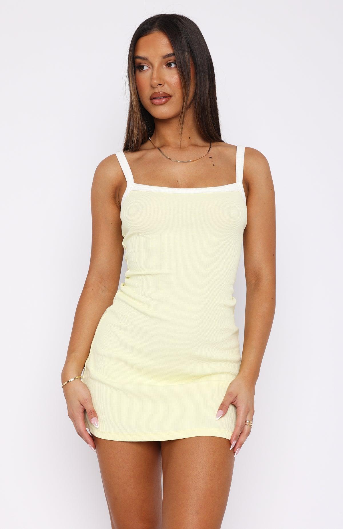 In This Moment Ribbed Mini Dress Lemon/White Product Image