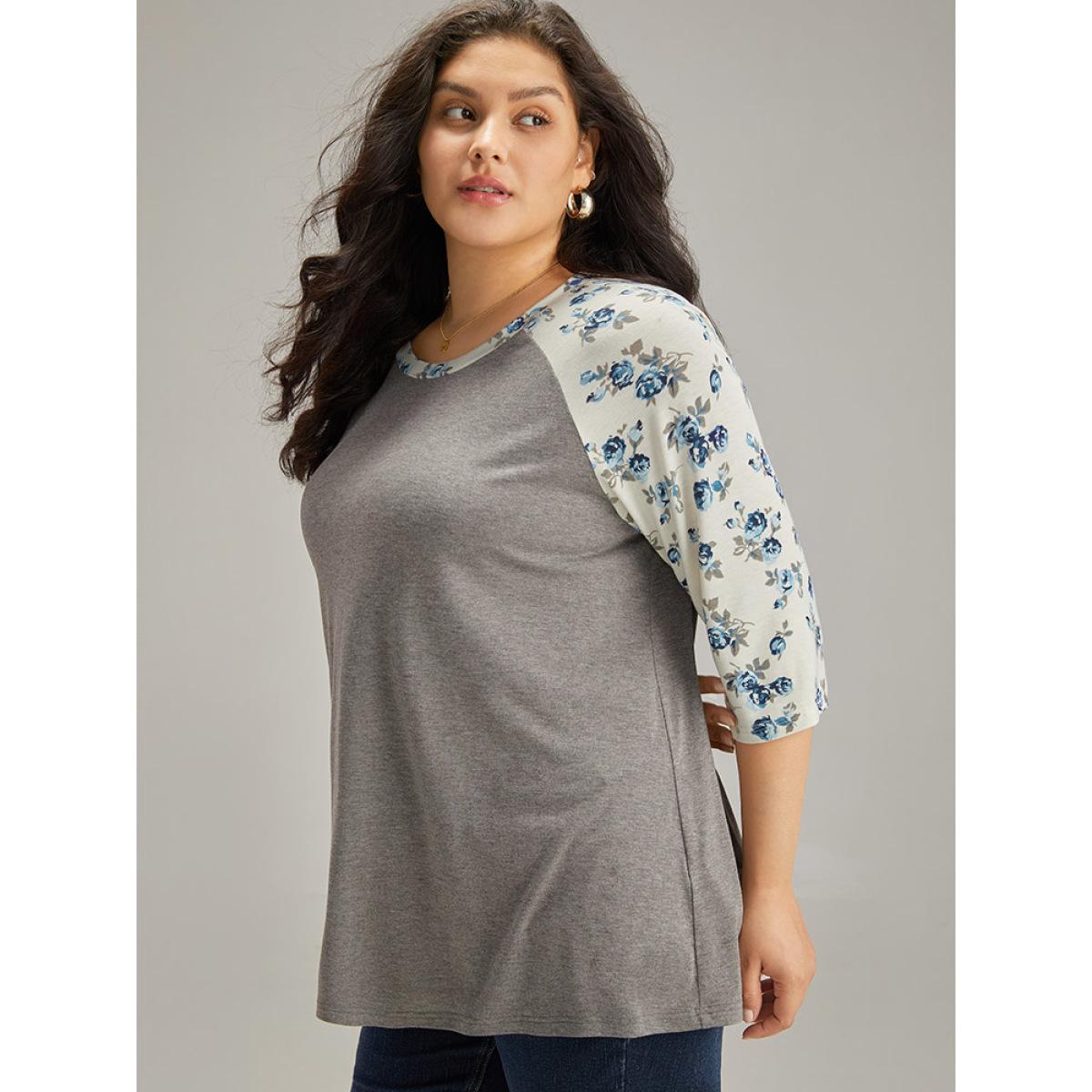 Plus Size Ditsy Floral Patchwork Contrast T-shirt Gray Women Elegant Printed Ditsy Floral Round Neck Dailywear T-shirts BloomChic 10/M Product Image
