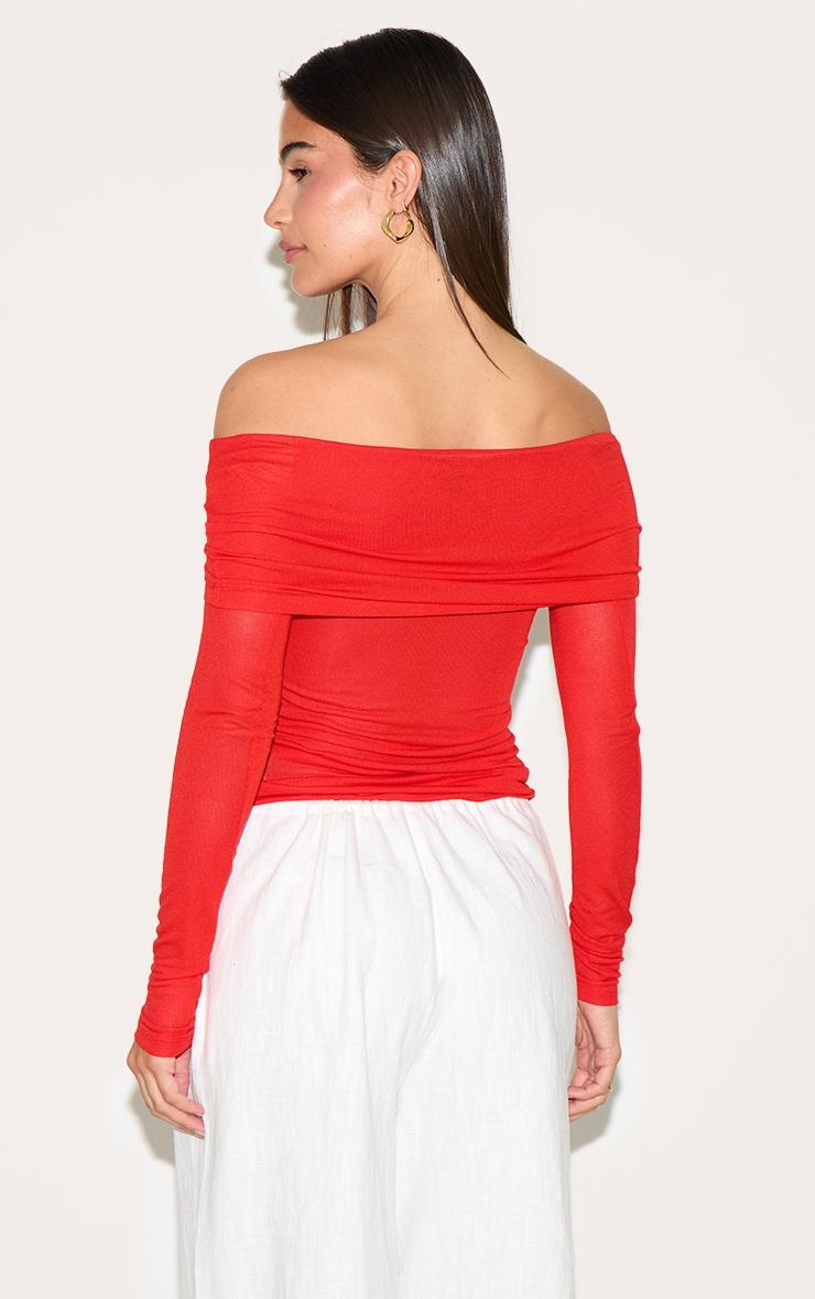 Tomato Red Sheer Soft Touch Fold Over Detail Bardot Long Sleeve Top Product Image