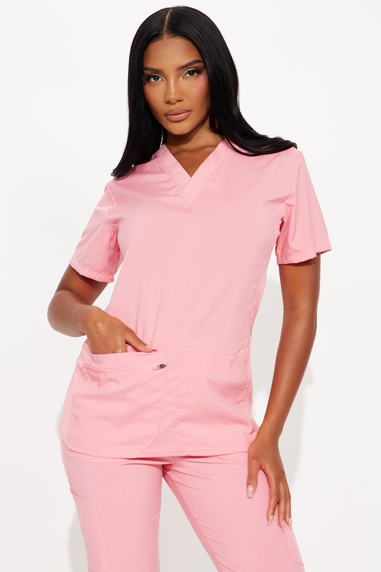 Check Up Side Rib Stretch Uniform Scrub Jogger Set - Peach Female Product Image