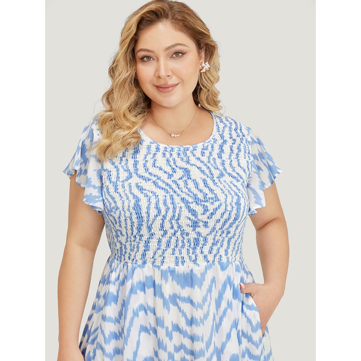 Plus Size Water Ripple Shirred Ruffle Sleeve Pocket Belt Dress LightBlue Women Elegant Contrast Round Neck Short sleeve Curvy Midi Dress BloomChic 22-24/3X Product Image