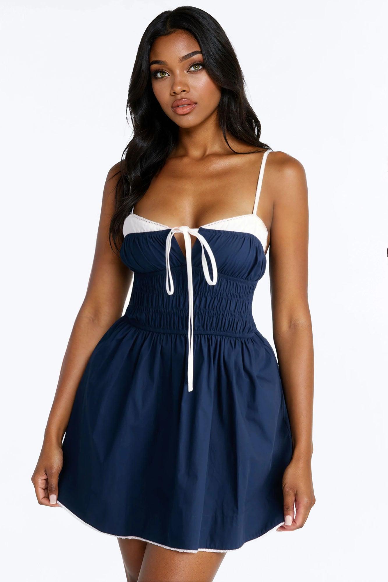 Avery Smocked Poplin Mini Dress - Navy/combo Female Product Image