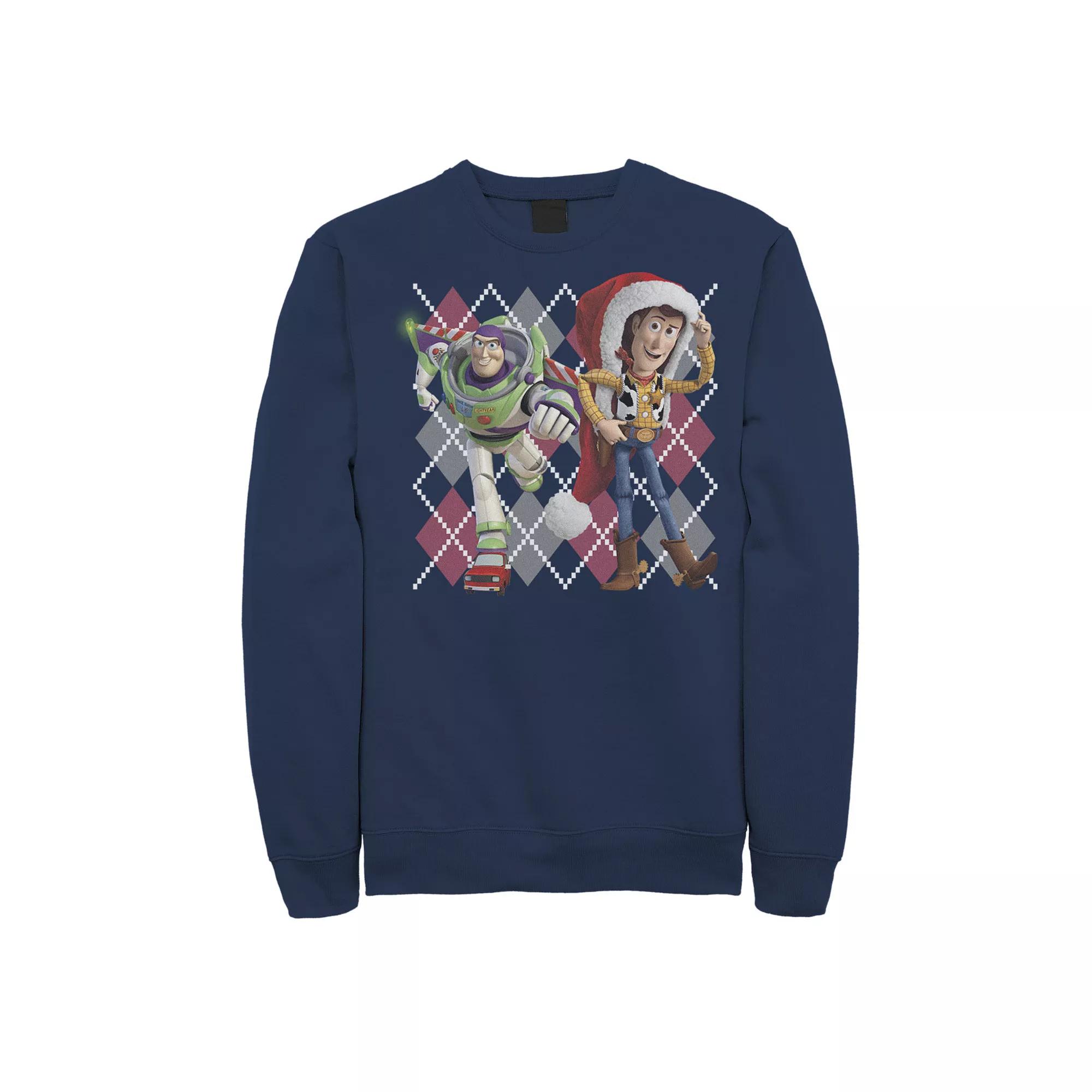 Disney / Pixars Toy Story Woody & Buzz Lightyear Mens Holiday Portrait Sweatshirt Blue Product Image