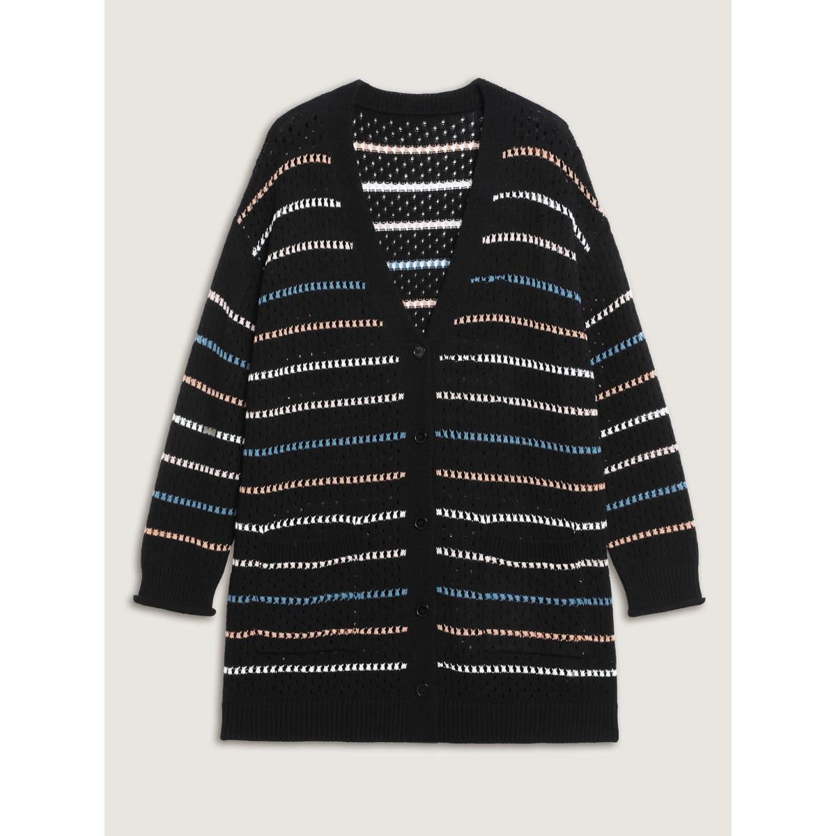 Plus Size Colorful Stripes Button Detail Knit Cardigan Black Women Playful Loose Long Sleeve Casual Cardigans BloomChic 12/L Product Image