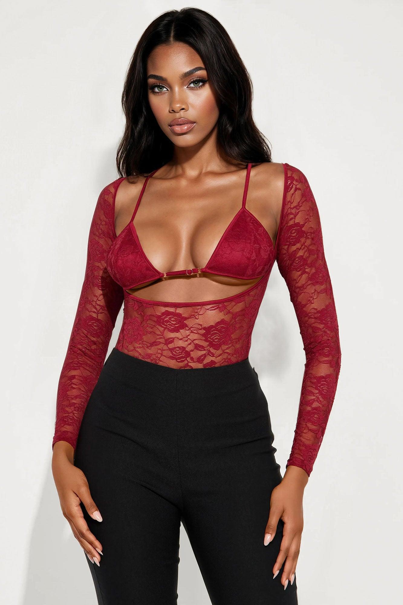 In Control Lace Bodysuit - Burgundy Product Image