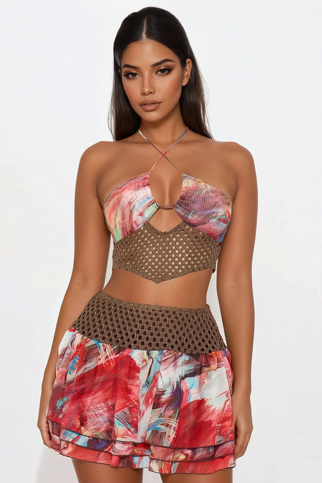 City Sirens Mini Skirt Set - Brown Combo Product Image
