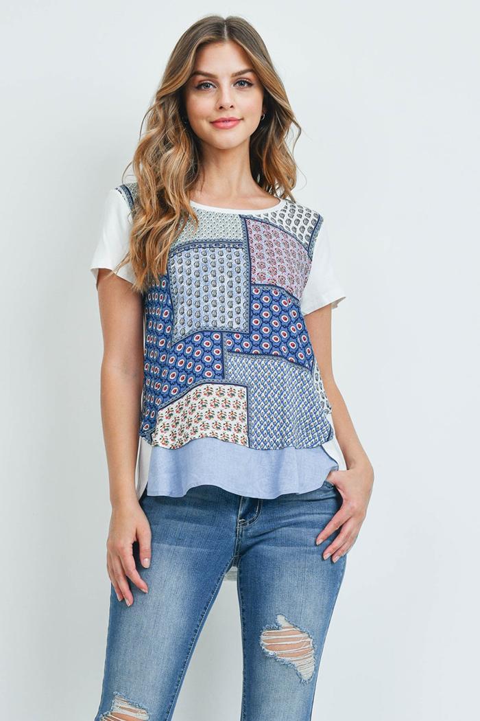 Patchwork Print Contrast Top Product Image