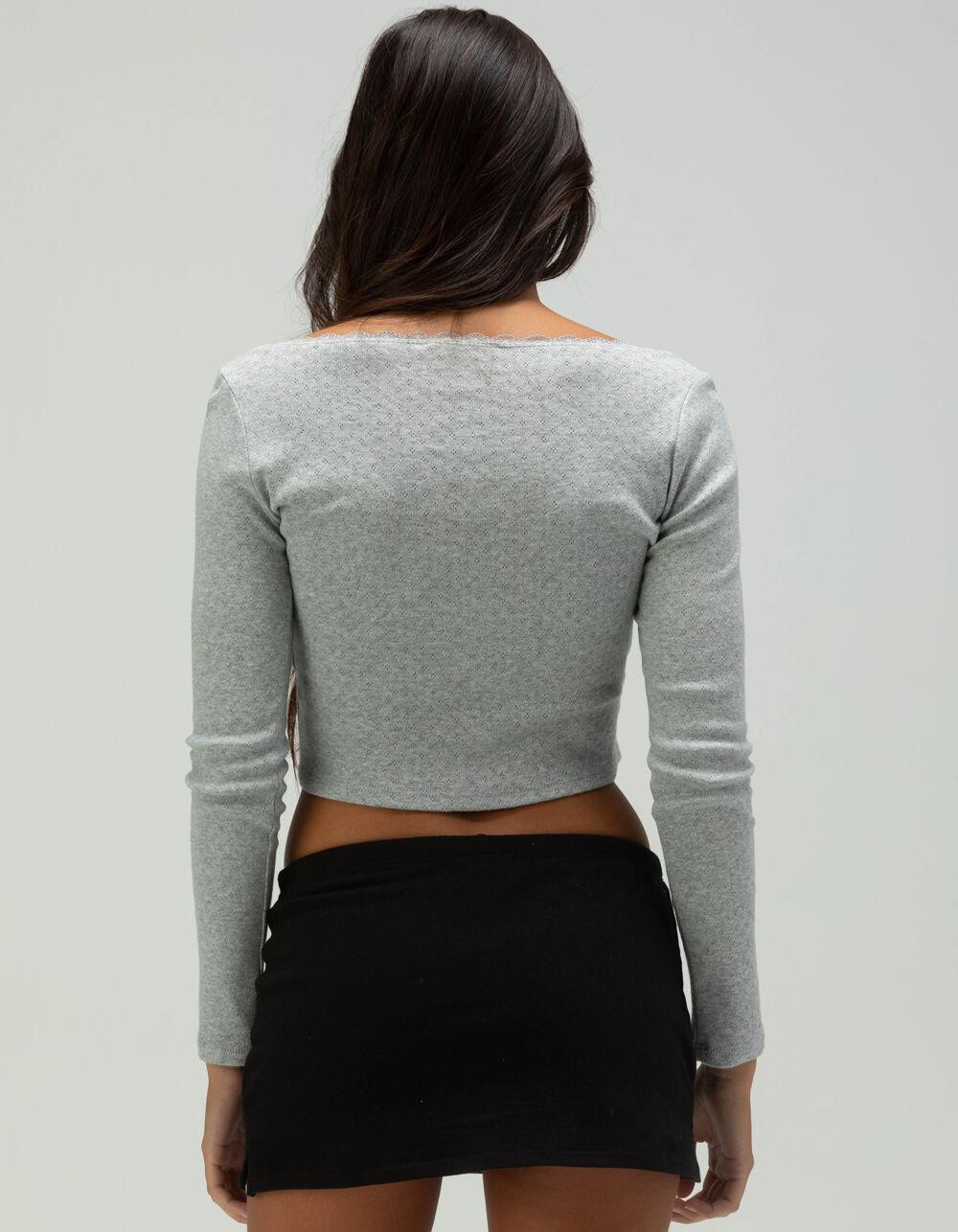 RSQ Womens Pointelle Bow Long Sleeve Top - HEATHER GRAY Product Image
